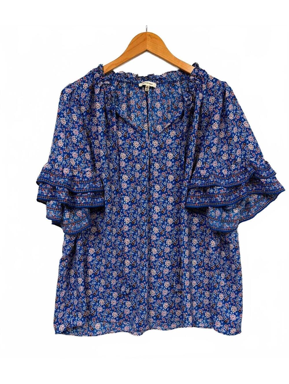 Max Studio 2X Blue Floral Boho Blouse Ruffle Bell Sleeve Peasant Top